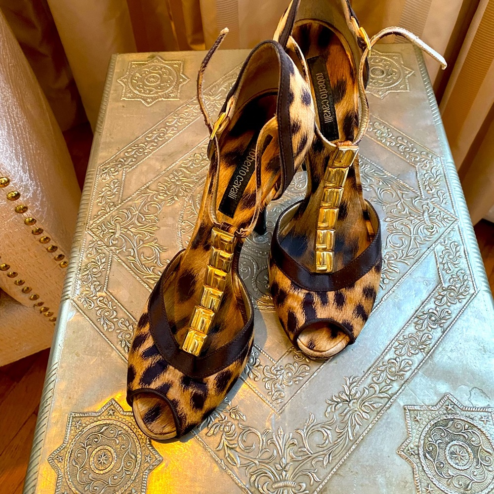 Leopard print heels with a gold studded strap.